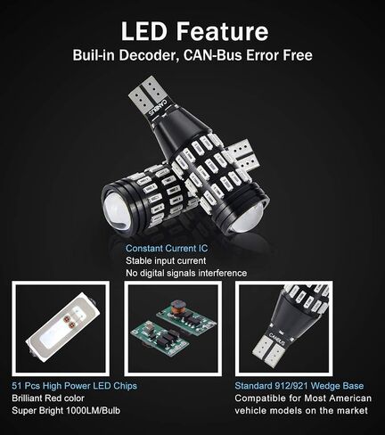 1500 لومن ساطع للغاية Canbus خالي من الأخطاء 921 912 906 904 T15 W16W LED لمبات 51-SMD 4014 شرائح LED مع جهاز عرض للأضواء العكسية الاحتياطية، 6500K زينون أبيض (حزمة من 2) in Kuwait
