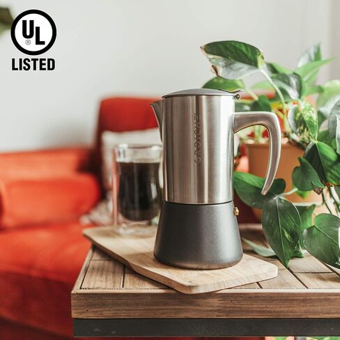 جروشي ميلانو ستيل | 10 كوب إسبرسو | صانع اسبريسو على الموقد: وعاء موكا من الفولاذ المقاوم للصدأ للمواقد اليونانية والحثية والكهربائية والغاز | وعاء تحضير قهوة الإسبريسو آمن للاستخدام في غسالة الأطباق in Kuwait