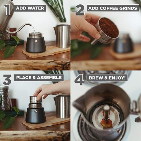 جروشي ميلانو ستيل | 10 كوب إسبرسو | صانع اسبريسو على الموقد: وعاء موكا من الفولاذ المقاوم للصدأ للمواقد اليونانية والحثية والكهربائية والغاز | وعاء تحضير قهوة الإسبريسو آمن للاستخدام في غسالة الأطباق in Kuwait