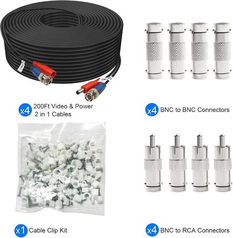 BNC Cable 200ft 4 Pack Aimyzii BNC Video Power Cable,Security Camera Cable for CCTV Camera DVR Security Systems(Included 8X BNC Adapters,100 Pcs Cable Clips)-Black in Saudi Arabia