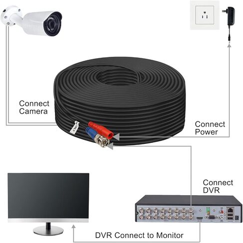 BNC Cable 200ft 4 Pack Aimyzii BNC Video Power Cable,Security Camera Cable for CCTV Camera DVR Security Systems(Included 8X BNC Adapters,100 Pcs Cable Clips)-Black in Saudi Arabia
