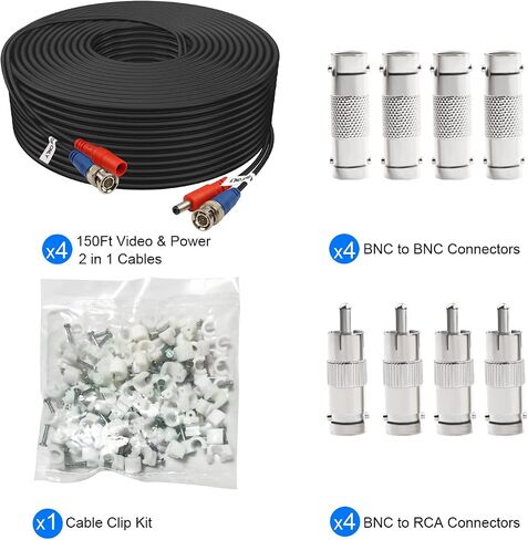 BNC Cable 200ft 4 Pack Aimyzii BNC Video Power Cable,Security Camera Cable for CCTV Camera DVR Security Systems(Included 8X BNC Adapters,100 Pcs Cable Clips)-Black in Saudi Arabia