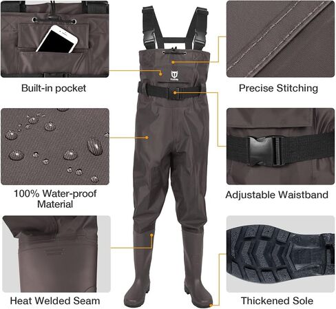 TIDEWE Bootfoot Chest Wader, 2-Ply Nylon/PVC Waterproof Fishing Hunting Waders with Boot Hanger for Men Women Green Brown in Kuwait