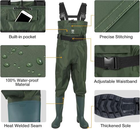 TIDEWE Bootfoot Chest Wader, 2-Ply Nylon/PVC Waterproof Fishing Hunting Waders with Boot Hanger for Men Women Green Brown in Kuwait
