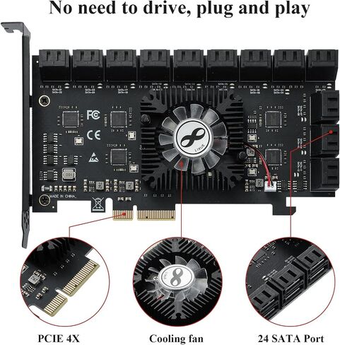 24-Port SATA III PCIe Expansion Card (ASM1064*6+1812 Chipset) - 24 SATA 6Gbps Adapter for JBOD/Enterprise Storage - Non-RAID | Includes Flat Bracket | Supports Windows/Linux/macOS in Kuwait
