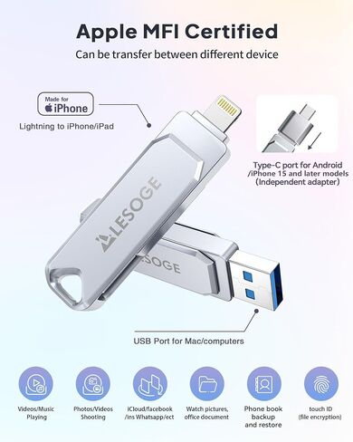 MFi Certified 128GB Flash Drive for iPhone Photo Stick USB Memory Stick Thumb Drives, High Speed USB Stick External Storage for iPhone/iPad/Android/PC in Kuwait
