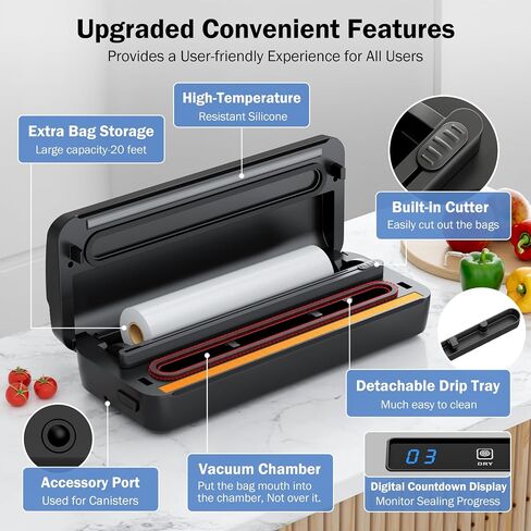 Vacuum Sealer, Food Vacuum Sealer Machine, 80Kpa Powerful Compact Vacuum Food Sealer with Bags Storage and 5 Bags, 1 Pack Bag Roll, Dry & Moist Modes (Silver) in Saudi Arabia