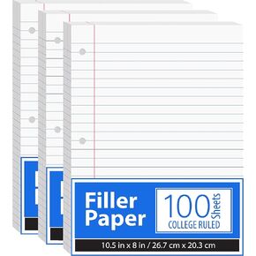 Notebook Paper, Loose Leaf Paper (3 Pack), College Ruled Paper, 10.5" x 8", Filler Paper, 100 Sheets Per Pack, 60 gsm (3 Pack)