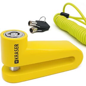 KRASER KR710Y Brake Disc Lock Motorcycle Lock Disc Brake Lock Motorcycle, Scooter, Bike, Universal Motorcycle Anti Theft Disc Lock with Reminder Cable and 10mm Locking Shaft, Yellow