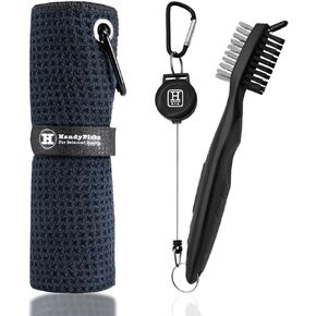 Handy Picks Golf Towel Microfiber Waffle Pattern Golf Towel (Easy Storage) with Carabiner - Club Brush with Club Groove Cleaner and Retractable Clip - Essential Golf Combo Cleaning Kit (Black)