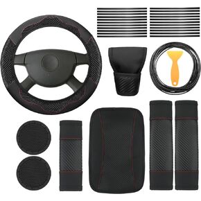 30 Pcs Car Accessories Set PU Leather Steering Wheel Cover Anti Slip Steering Wheel Protector Car Vent Trim Strips Air Conditioner Insert Strips with Installation Tool for Most Car SUV (Black)