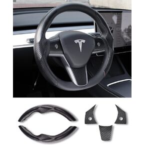 Tesla Model 3/Y Steering Wheel Cover, Carbon Fiber Steering Wheel Wrap Stickers for Tesla Model 3 Model Y 2017-2021 2022 2023 2024 Interior Accessories, Black