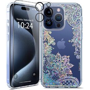 Coolwee Anti Yellowing Clear Glitter for iPhone 15 Pro Max Case Sparkle, 6.7 inch, 6.6ft Military Grade Protective TPU Cover Slim with Screen Protector Camera Protector, Crystal Shiny Transparent