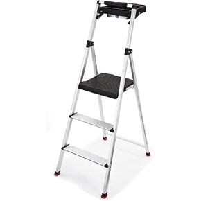 Rubbermaid 3-Step Ladder, Aluminum Lightweight Folding Step Stool with Project Top, Silver, Tested to US Safety Standards, No Assembly Required