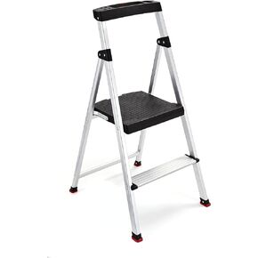 Rubbermaid 3-Step Ladder, Aluminum Lightweight Folding Step Stool with Project Top, Silver, Tested to US Safety Standards, No Assembly Required