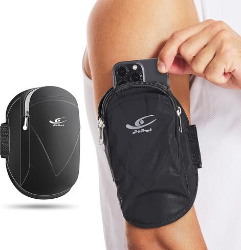 حامل هاتف HiRui Universal Comfort Armband، حامل هاتف للجري وسوار معصم قابل للتعديل لممارسة التمارين الرياضية متوافق مع iPhone 15/14/13/Plus/Pro Samsung Galaxy جميع الهواتف (أسود) in Kuwait