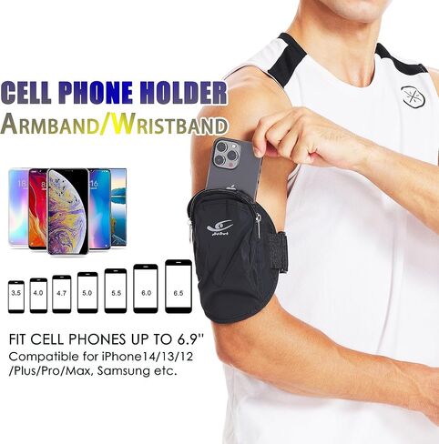 حامل هاتف HiRui Universal Comfort Armband، حامل هاتف للجري وسوار معصم قابل للتعديل لممارسة التمارين الرياضية متوافق مع iPhone 15/14/13/Plus/Pro Samsung Galaxy جميع الهواتف (أسود) in Kuwait