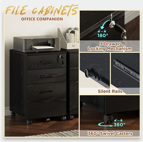 خزانة ملفات Rolanstar مكونة من 3 أدراج مع قفل واحد، وخزانة ملفات متنقلة، وخزانة ملفات تحت المكتب مع 5 عجلات ومجلدات ملفات معلقة، للمستندات بحجم الحروف، باللون الأسود in Kuwait