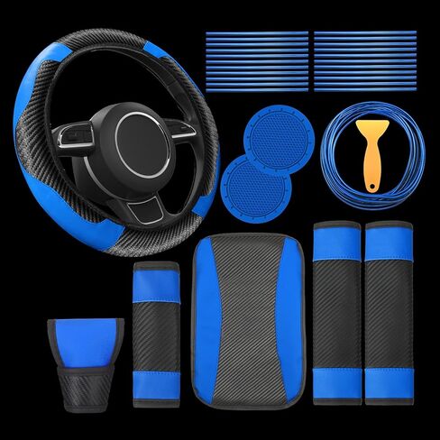 30 Pcs Car Accessories Set PU Leather Steering Wheel Cover Anti Slip Steering Wheel Protector Car Vent Trim Strips Air Conditioner Insert Strips with Installation Tool for Most Car SUV (Black) in Kuwait
