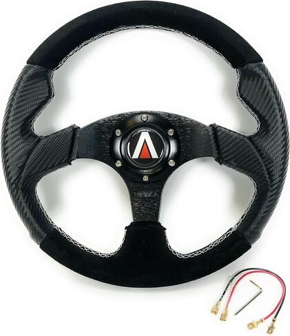 عجلة قيادة عربة الجولف العالمية تاناكا مقاس 12.5 بوصة/320 مم 6 مسامير من جلد الغزال/الفينيل والألومنيوم مع زر قرن أسود in Kuwait