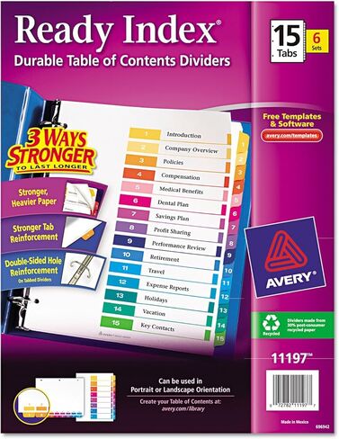 فواصل مؤشر جاهزة من Avery 11197، TOC، 1-15 علامة تبويب، 3HP، 8-1/2 بوصة × 11 بوصة، 6/ST، متعدد in Kuwait