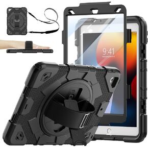 SEYMAC Case for iPad 9th/ 8th/ 7th Generation Case, Full-Body Shockproof Case with Screen Protector, 360° Rotating Hand Strap &Stand, Shoulder Strap for iPad 10.2 inch 2021/2020/2019, Black