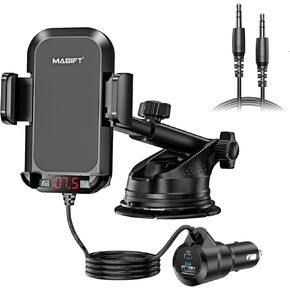 54W Bluetooth 5.3 FM Transmitter Car Adapter with Phone Holder 3-in-1, HiFi Bass Sound, Hands-Free Calling, 36W PD, QC 18W Supports TF/SD Card 64G AUX USB Flash Drive for iPhone Android Phone
