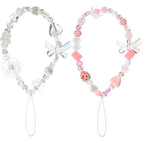 LEIFIDE 2 Pcs Phone Charms Strap Beaded Phone Strap Pink Cute Phone Charms Aesthetic Love Phone Lanyard Wrist Strap Beaded Phone Keychain Charm for Women Girl Gifts (Heart)