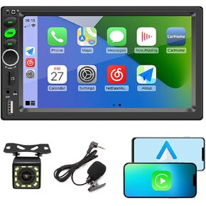 Double Din Car Stereo Audio Receiver Compatible with Apple Carplay, Android Auto, Mirror Link, 7 Inch Full Touchscreen Car Stereo, Backup Camera, Bluetooth, USB/TF/AUX Port, A/V Input, FM
