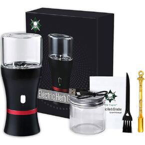 Electric Herb Grinder COMPACT Size, Fast Grinding for Flower Buds, Updated 6 Blades Spice Grinder, USB-Rechargeable Electric Grinder with 2 x 1.7oz/50ml Glass Herb Jars and a Mini Shovel