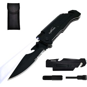 ALBATROSS 6-in-1 Survival Tactical Military Folding Pocket Knives with LED Light,Seatbelt Cutter,Glass Breaker,Magnesium Fire Starter,Bottle Opener;Multi-Function Emergency Tool(Black)