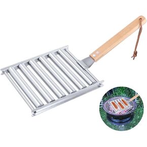 2Pcs Hot Dog Roller for Grill, Stainless Steel Sausage Roller Rack with Extra Long Wood Handle, BBQ Hot Dog Griller for Evenly Cooked Hot Dogs, 10 Hot Dog Capacity, 6.5 x 5.5 Inch
