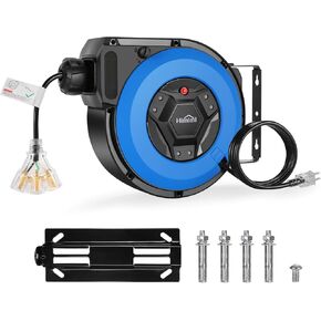 50FT+6.5FT Retractable Extension Cord Reel, Wall/Ceiling Mounted Extension Cord Reel for Garage Workshop, 14AWG/3C SJTOW, 13A Circuit Breaker, 3-Lighted Triple Outlets, Security Lock, UL Listed