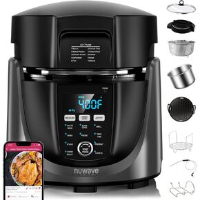 Nuwave Duet Electric Pressure Cooker & Air Fryer Combo, 450 IN 1 Slow Cooker & Grill with Integrated Digital Temp Probe, 6qt SS Pot, Adjustable High/Low Pressure, Built-in Sure-Lock Safety Tech