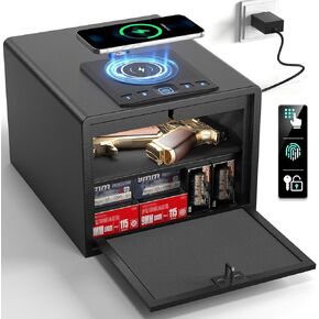 Biometric Gun Safe for Handgun with Wireless Charging,Pistol Safe Quick Access Auto Open, Silent Mode and Adapter Nightstand Pistol-Safe up to 4 pstols (Black)