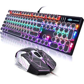Retro Pink Typewriter-Style Keyboard and Mouse Combo, Cute Light Up Wired Mechanical Keyboard With Linear Red Switches, Full Size for Gaming, Work, Mac, PC, Windows