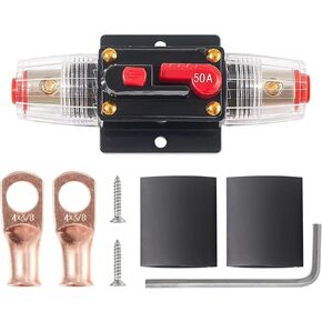 NuIth 50A Car Audio Inline Circuit Breaker with Manual Reset, 4-12 Gauge Auto Inline Fuse Breaker with Wire Lugs and Heat Shrink Tube 12V-24V DC for Car Audio Stereo Switch and Solar Inverter System