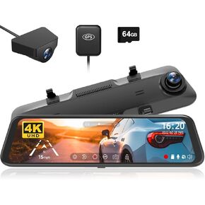 WOLFBOX G850 12" 4K Rear View Mirror Camera with 5.8GHz WiFi and Voice Control, Smart Mirror Dash Cam Front and Rear, Backup Camera with 1080P Rear Camera, Dash Cam with WDR, Includes 64GB Card & GPS