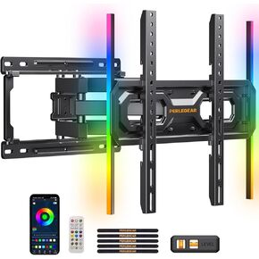 Perlegear Pre-Assembled TV Wall Mount with LED Lights for 26-65 inch TVs up to 99 lbs, Max VESA 400x400mm, Swivel, Extension, Tilt, TV Backlights with Music Sync, Fits 16"/12" Wood Studs, PGMF20
