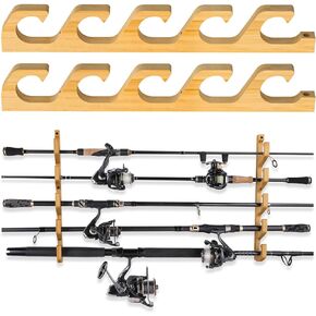 PLUSINNO WH5 Horizontal Fishing Rod/Pole Holders for Garage, Wall or Ceiling Mounted Fishing Rod Rack, Solid Wood Fishing rod Holder Holds up to 5 Rod or Combos or Nets Storage Racks