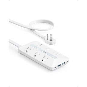 Anker Flat Plug Power Strip(300J), 20W USB C Power Strip, 10-in-1 Ultra Thin Power Strip with 6 AC, 2 USB A/2 USB C,5feet Extension Cord, Desk Charging Station,Home Office College Dorm Essentials