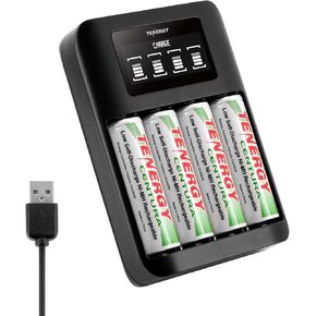 Tenergy Centura AA Rechargeable Batteries and Portable TN474U Battery Charger with LCD Display and USB Input for NiMH/NiCd AAA/AA Batteries, 4 Pack AA Battery Pack and Charger