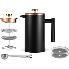 French Press Coffee Maker 34oz, Double-Wall Insulated French Press Stainless Steel 1L for travel camping, Included 2 Extra Screens and 1 Coffee Spoon （6-8cup 1000ml）