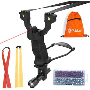 Goldboy Wrist Rocket Slingshot with Red Beam Sight for Training from Beginner to Professional, Foldable Hunting Slingshot for Adults with Flashlight Contains 220 Ammo and 3 Rubber Bands Replacement