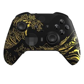 eXtremeRate The Great GOLDEN Wave Off Kanagawa - Black Faceplate Cover, Front Housing Shell Replacement Kit for Xbox One Elite Series 2, Xbox Elite 2 Core Controller Model 1797 - Accent Rings Included