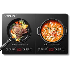 Double Induction Cooktop AMZCHEF Induction Cooker 2 Burners, Low Noise Electric Cooktops With 1800W Sensor Touch, 20 Temperature & Power Levels,Independent Control,3-hour Timer, Safety Lock