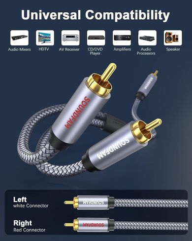 RCA Y Splitter 1 Female to 2 Male RCA/Phono Splitter Cable Stereo Y Adapter Gold-Plated Plug for Subwoofer, TV, CD Player, Home Theater-Grey(1Feet/30cm) in Saudi Arabia