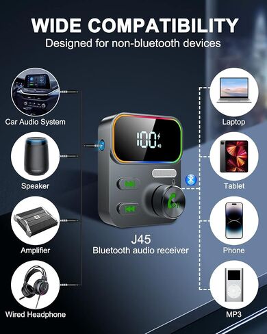 Bluetooth 5.3 Receiver for Car, 2023 Upgraded Enhanced Mic and LED Display, Aux Bluetooth Car Adapter, Wireless Audio Receiver for Car/Home Stereo/Speaker,26H Battery Life in Saudi Arabia