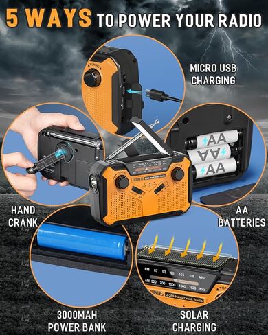 [أحدث 2024] راديو الطقس في حالات الطوارئ PRUNUS 11100 ميجاوات في الساعة، بطاريات AA/كرنك اليد/شحن الطاقة الشمسية/USB، NOAA/AM/FM، مصباح يدوي LED ومصباح قراءة، إنذار SOS ومصباح يدوي J-369 in Kuwait