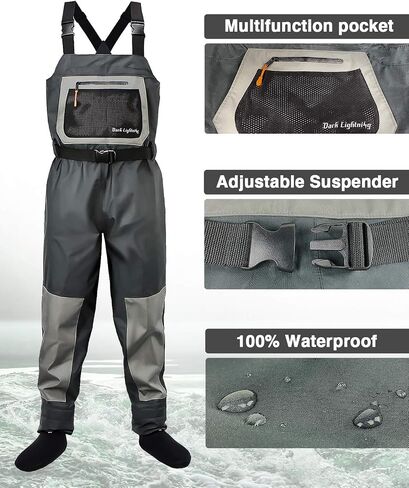Dark Lightning Breathable Insulated Chest Waders, Perfect for 4 Seasons Fly Fishing Stocking Foot Waders for Men and Women in Kuwait